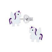 Joy|S - Zilveren eenhoorn oorbellen - wit paars met vleugeltjes - unicorn paardje oorknoppen