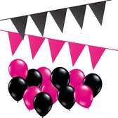Versierpakket Ballonnen + Vlaggenlijnen Hot Pink & Zwart | Sweet 16
