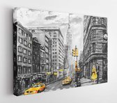Olieverf op doek, straatbeeld van New York, man en vrouw, gele taxi, modern kunstwerk, New York in grijze en gele kleuren, Amerikaanse stad, illustratie New York - Modern Art Canvas - Horizon