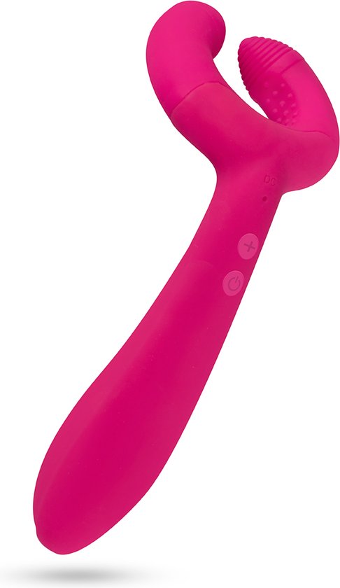 Roze, gebogen vibrator met ribbels aan de uiteinden en een ergonomische handgreep met knoppen.