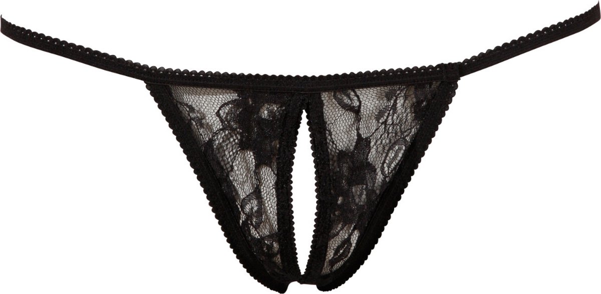 Mandy Mystery Lingerie – Licht Transparante String met Open Kruis voor Wilde Avonden – One Size - Zwart
