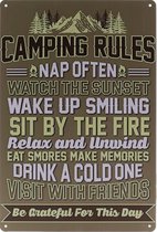 Wandbord – Camping Rules – Camperen – Campeer regels - Vintage - Retro -  Wanddecoratie – Reclame bord – Restaurant – Kroeg - Bar – Cafe - Horeca – Metal Sign – 20x30cm