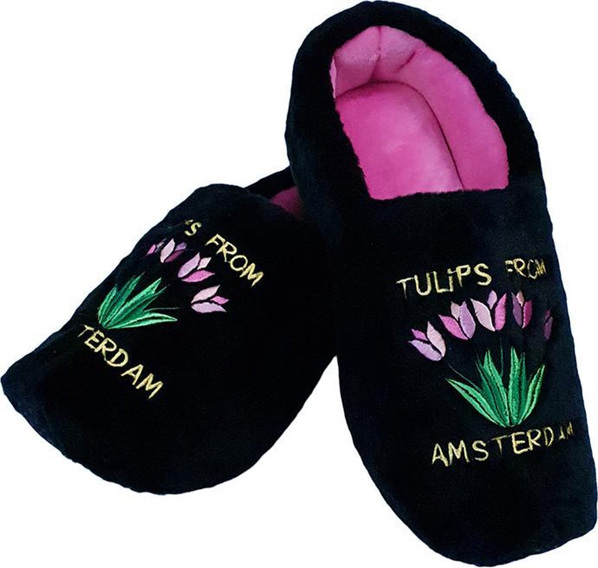 Elcee-Haly – Klomp sloffen – Zwarte Pantoffelklomp met Tulpen boeket – Warme sloffen – Zwart / Roze – Maat 38 / 39