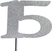 Taartdecoratie | Taarttopper| Taartversiering| Verjaardag| Cijfers| 15| Zilver glitter| 14 cm| karton