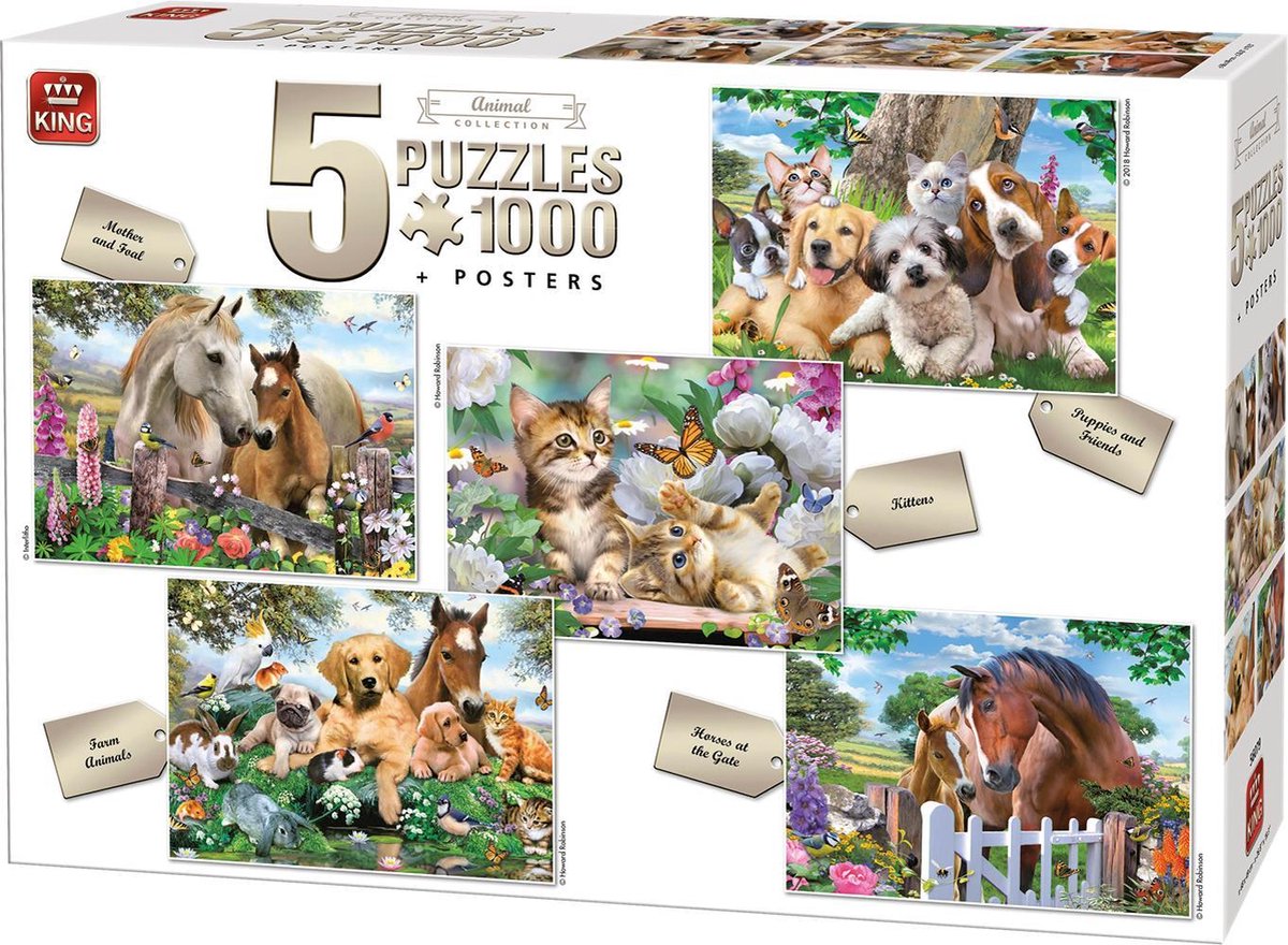 King 5 x 1000 Stukjes Puzzel (68 x 49 cm) - Animal Collection - 5in1  Legpuzzel Dieren... | bol.com