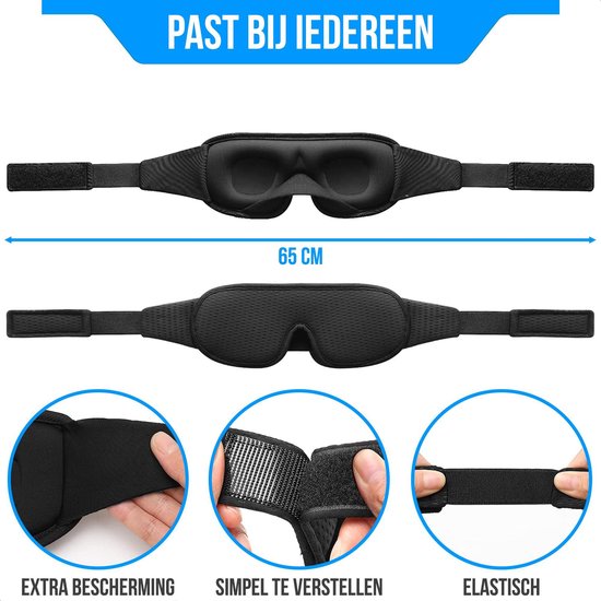 Zwart Strex slaapmasker van 65 cm met extra bescherming, simpele verstelling en elastische band.