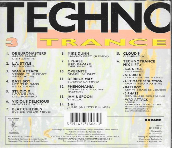 Achterkant van Techno Trance Vol. 3 hoes met tracklist en barcode. 'TECHNO TRANCE 3' bovenaan.