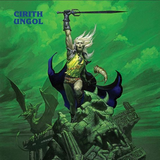 Klassieke albumhoes met een fantasy-krijger met zwaard op een drakenkop, tegen een groene achtergrond. Text: CIRITH UNGOL.
