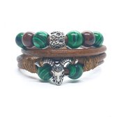 Bee on the Loose Armbanden set Yava - 2x armband - leder - groene kralen - zilverkleurig - unisex - 22cm en 23 cm - handmade