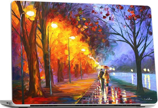 Housse MacBook Air avec illustration d'un couple sous parapluie dans un parc éclairé par des lampadaires.