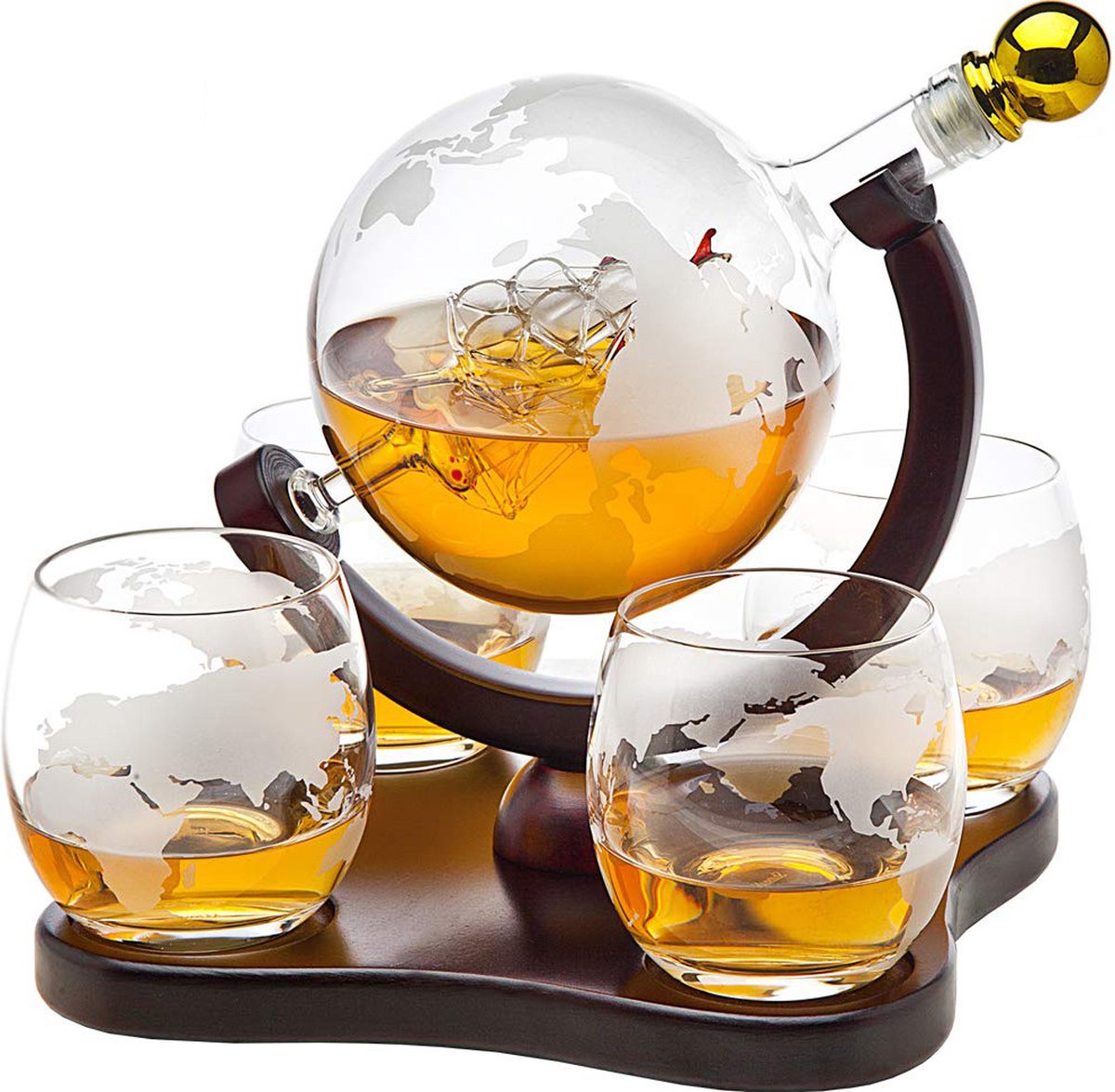 WhisKing Whiskey Karaf Incl. 4 Whiskey Glazen - Decanteer Karaf Wereldbol Design - Whiskey Set - WhisKing