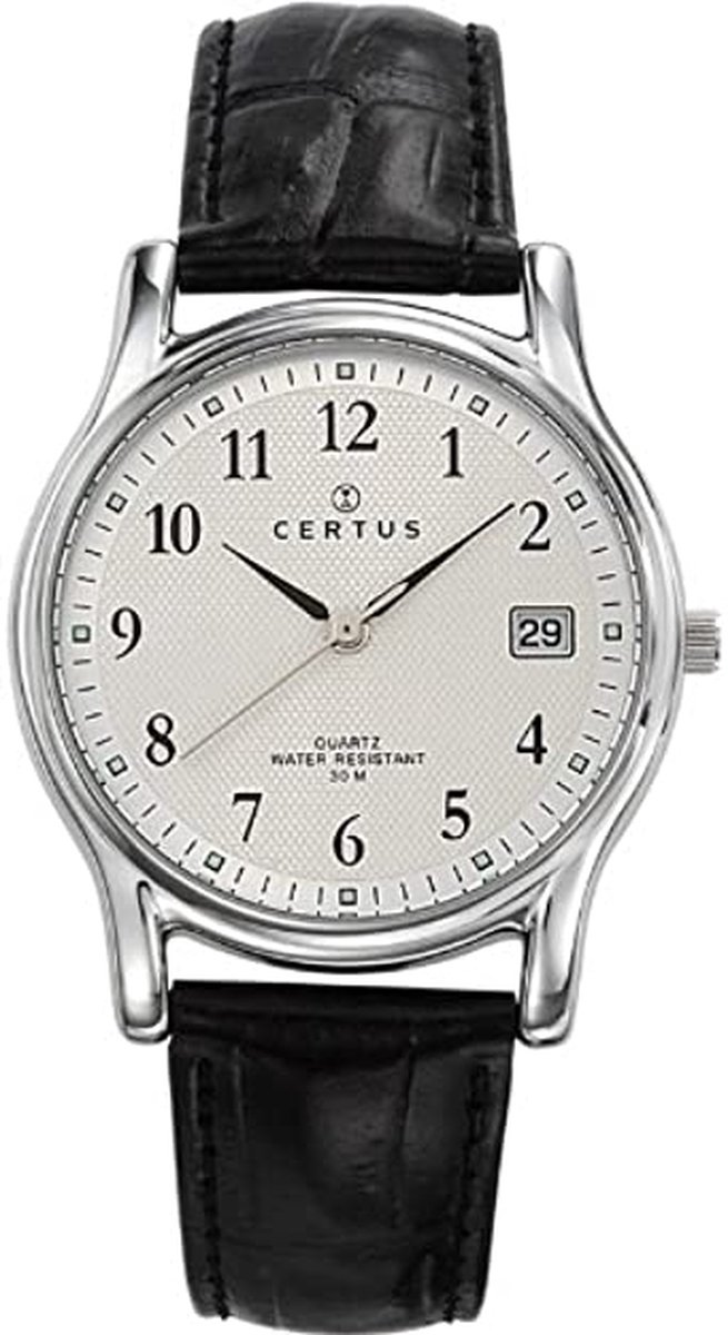 Certus-Duidelijk heren horloge-Datumaanduiding-Zwart lederen band.