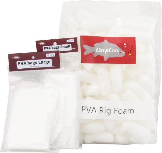 pijp etiket noedels PVA Action Pack - PVA Voordeelverpakking - PVA Rig Foam & PVA Zakjes - 2x20  PVA Bags... | bol.com