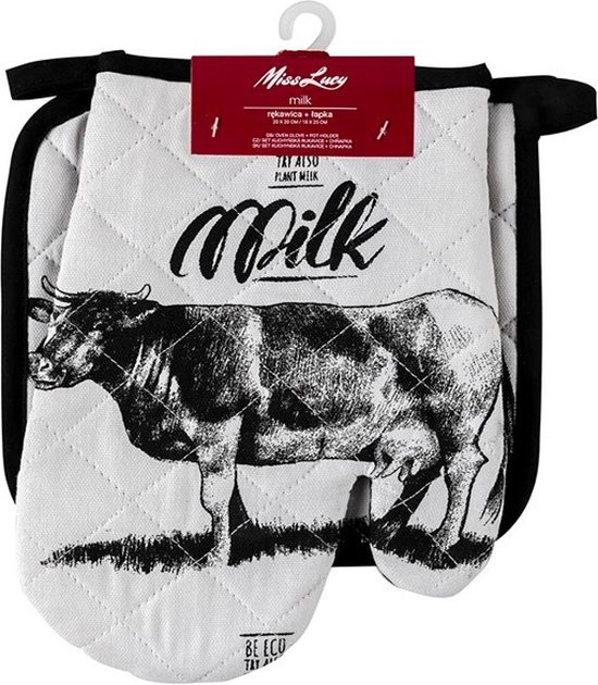 Foto: Miss lucy milk set van 2 ovenwanten ovenhandschoenen pan lap keuken textiel keukenhandschoen zwart