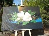 [100% Handgeschilderd] [olieverfschilderij] Grote Magnolia's op blauwe zijde van Martin Johnson Heade, 110x67 cm [uniek] [lijst naar keuze]