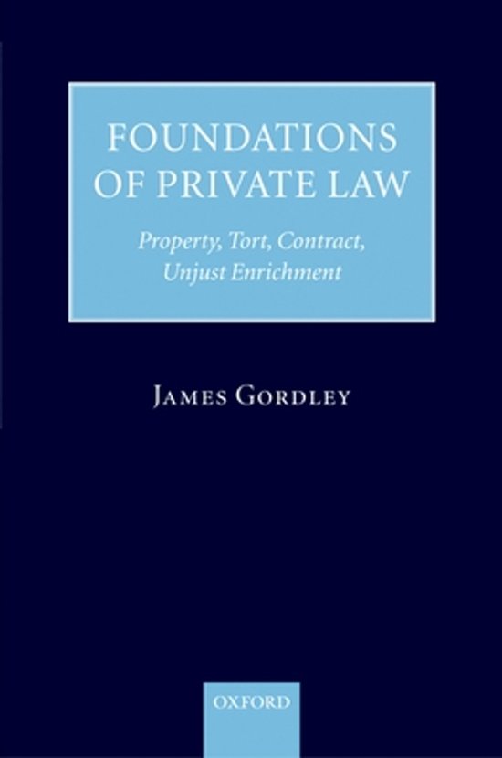 Boek 'Foundations of Private Law' door James Gordley met op de omslag de tekst 'Foundations of Private Law, Property, Tort, Contract, Unjust Enrichment' en het Oxford-logo.