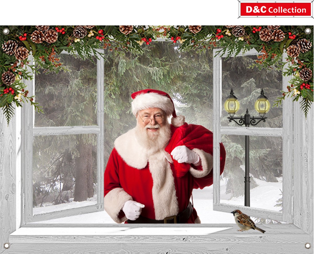 Tuinposter voor Kerst - 90x65 cm - kerstposter voor buiten - doorkijk - wit venster met besneeuwd bos en Kerstman -winter poster - kerst decoratie