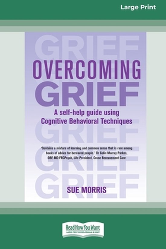 Boek "Overcoming Grief" met grote letters. Grijze en paarse tekst op een lichte paarse achtergrond. Bevat een citaat en "SUE MORRIS".
