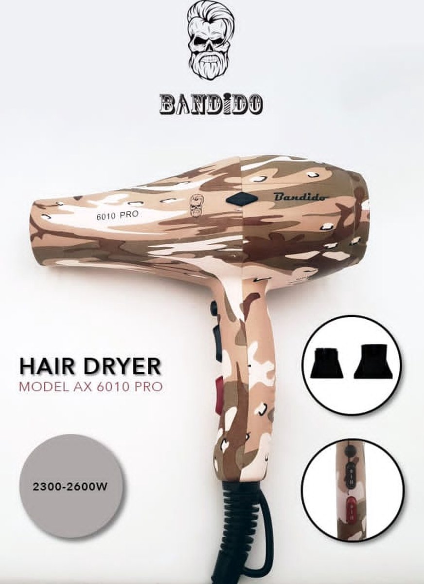 Bandido Pro Haardroger Army 2600 Watt met Gratis Haar - afbeelding 2
