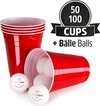 Afbeelding van het spelletje VIVALOO Bierspel – Drankspel - Set van 50 Plastic Bekers en 6 Beer Pong Ballen – Feest Wegwerpbekers – Rood - 455 ml