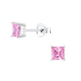 Joy|S - Zilveren vierkant oorbellen - 4 mm - zirkonia roze