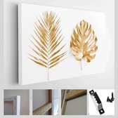 Gouden tropische palmbladeren Monstera op witte achtergrond. Platliggend, bovenaanzicht minimaal concept - Modern Art Canvas - Horizontaal - 1192758517