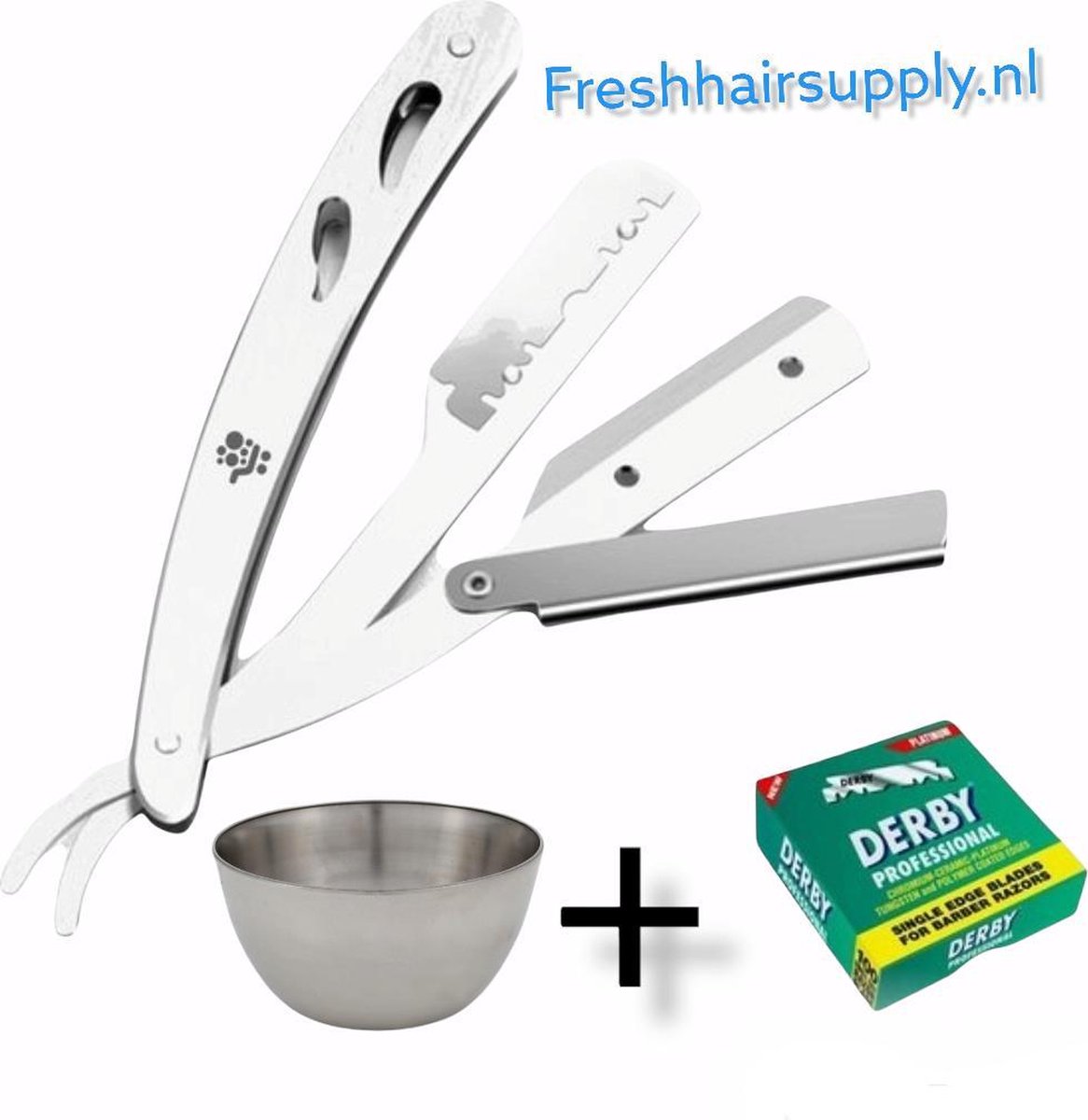 Rvs Scheermes Mannen inclusief 100 derby premium scheermesjes & rvs scheerkom - Barbiersmes - Shavette - Kappers Mes - Klassiek open scheermes - Klapmes - Freshhairsuplly