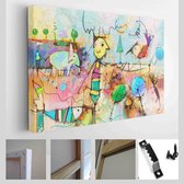 Abstracte kleurrijke fantasie olie, acryl schilderij. Semi-abstracte verf van boom, vissen, olifant en vogel in landschap - Modern Art Canvas - Horizontaal - 1292400598