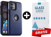 Backcase Lederen Hoesje iPhone 12 Blauw - Gratis Screen Protector - Telefoonhoesje - Smartphonehoesje