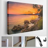 Kroatië, Europa, Adriatische zee, Rijeka strand, Istrië, prachtig, ochtend zonsopgang uitzicht op rotsachtige Kroatische kust, prachtig, natuur buiten landschap, kleurrijk zomer zeegezicht Kroatië behang - Modern Art Canvas - Horizontaal - 1553888954