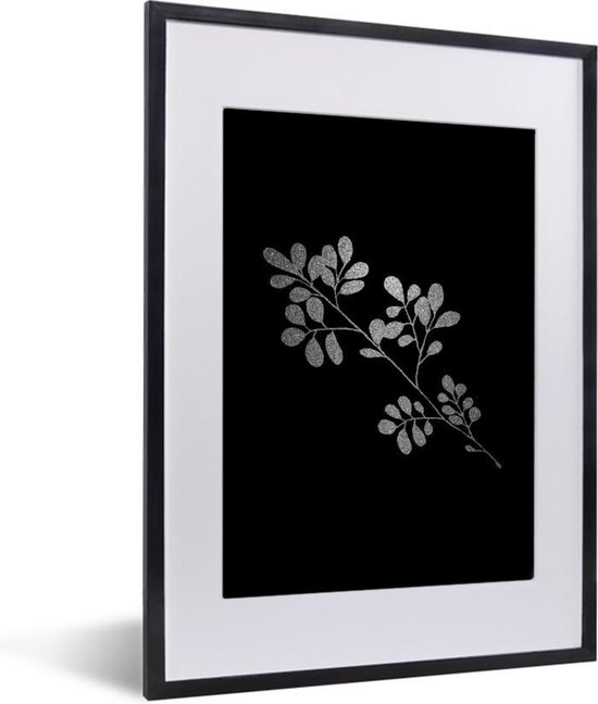 Fotolijst incl. Poster Zwart Wit- Tak met ovalen bladeren op een zwarte achtergrond - zwart wit - 30x40 cm - Posterlijst