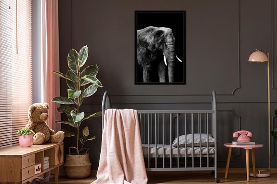 Fotolijst incl. Poster Zwart Wit- Olifant met tegen zwarte achtergrond - zwart wit - 80x120 cm - Posterlijst