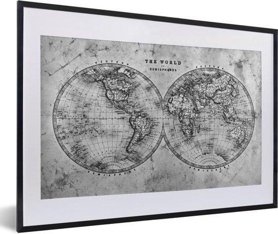 Affiche Zwart et Wit - Wereldkaart historique ancienne - noir et blanc - 60x40 cm