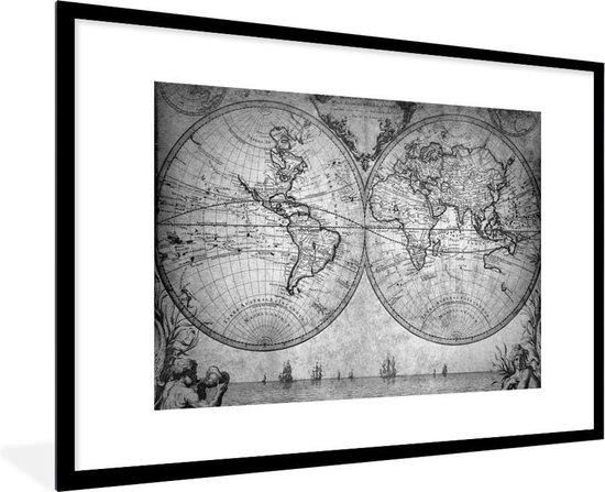Cadre photo avec affiche Zwart Wit- Carte du Wereldkaart Vintage - noir