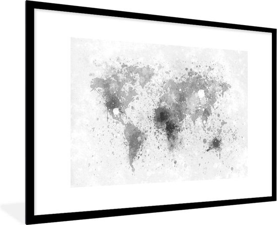 Cadre photo avec affiche Zwart Wit- Encre de carte du Wereldkaart - noir et blanc - 120x80 cm - Cadre pour affiche