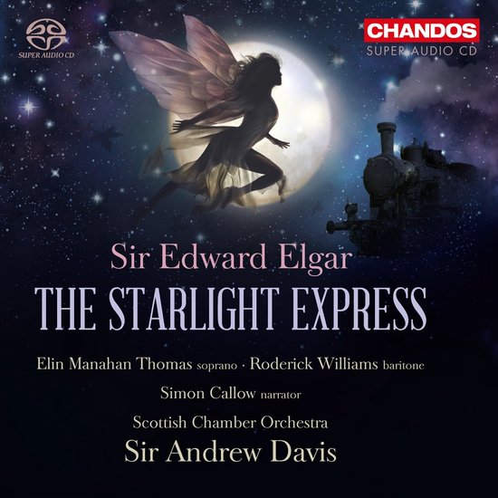 Elgar: The Starlight Express albumhoes met een elf met vleugels, een maan en een trein op een sterrenhemel.