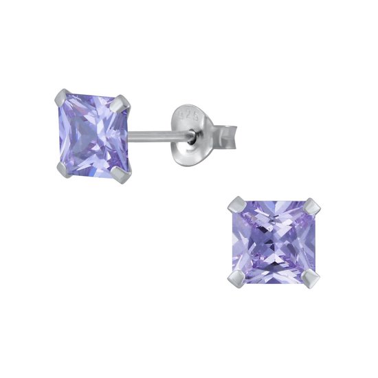 Joy|S - Zilveren vierkant oorbellen - cubic zirkonia - 7 mm paars