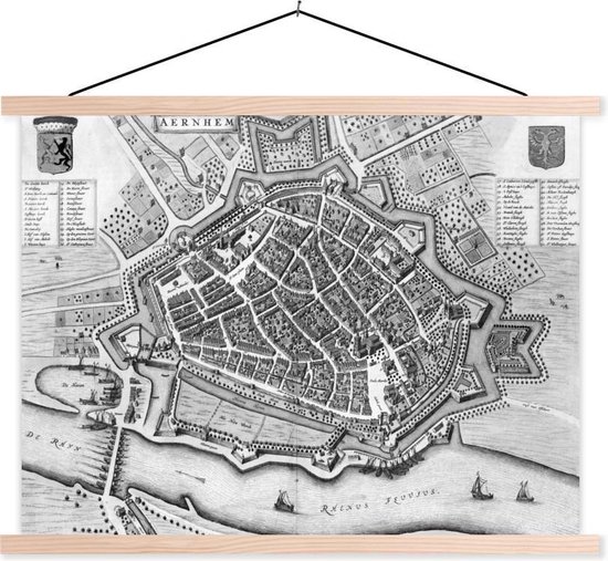 Porte-affiche avec affiche 120x90 cm - Affiche scolaire - Plan historique de la ville d'Arnhem en Gueldre - noir et blanc - Affiche textile - Lattes vierges