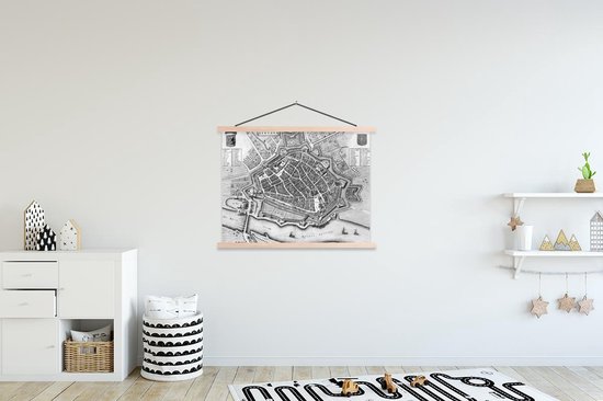 Porte-affiche avec affiche 120x90 cm - Affiche scolaire - Plan historique de la ville d'Arnhem en Gueldre - noir et blanc - Affiche textile - Lattes vierges