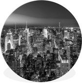 WallCircle - Wandcirkel ⌀ 30 - Luchtfoto New York bij nacht - zwart wit - Ronde schilderijen woonkamer - Wandbord rond - Muurdecoratie cirkel - Kamer decoratie binnen - Wanddecoratie muurcirkel - Woonaccessoires