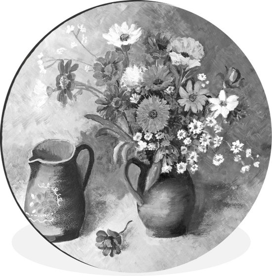 Wandcirkel - Aluminium - Stilleven van kleurrijke bloemen in een vaas - zwart wit - ⌀