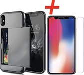 Pasjeshouder geschikt voor Apple iPhone X / XS - Grijs - met Glazen Screenprotector