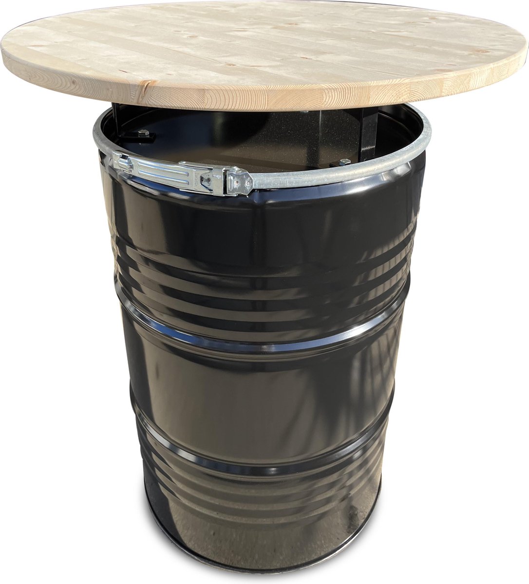 Barrelkings industrieel metalen 200/210 liter Olievat- Vuurton statafel| Bar tafel| Hangtafel met gelakt houten blad| 80x105 cm| Deksel/tafelblad afneembaar