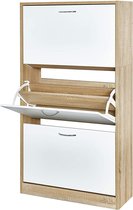 Schoenenrek met 3 kleppen, verstelbare schoenenkast, schoenencommode, 2 schoenenrekken, 63 x 120 x 24 cm (natuur-wit)