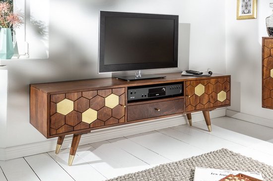 Massief tv-lowboard MISTER 140cm acacia bruin goud retro design