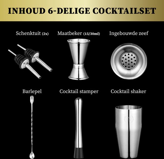 Sybra Cocktail Shaker Set - 6 delig - Cocktail shaker 750ML - Cocktail boek -  Roestvrijstaal - Geschenkverpakking - Opbergzakje