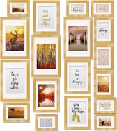 bomoe Passion – Fotolijst Collage Hout – 18 Fotolijsten Goud (10,5x15cm, 13x18cm, 18x24cm, 20x30cm) – Kunststof Glas – Metalen Ophanging – Standaard & Passepartout