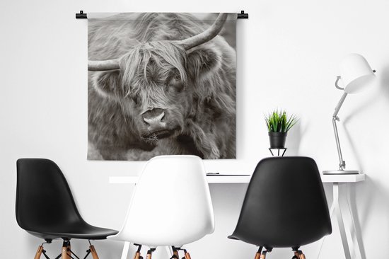 Wandkleed - Wanddoek - Schotse Hooglander - Zwart - Wit - Hoorns - 90x90 cm - Wandtapijt