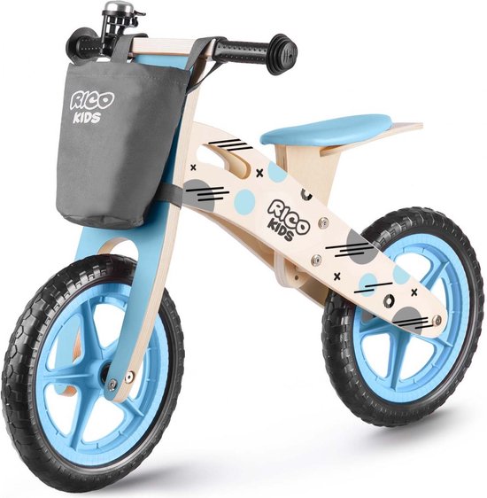 Product: Houten loopfiets - Blauw - Met tas en fietsbel, van het merk kindertoys