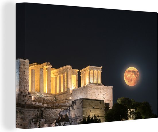 Canvas Schilderij Het Parthenon bij de Akropolis van Athene tijdensde nacht - 90x60 cm - Wanddecoratie